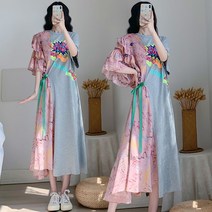 빅사이즈 유니크한 반반 쉬폰 롱원피스 여성 원피스 롱티셔츠