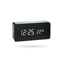 알람 시계 LED 디지털 침실 데스크탑 음성 제어 시간 시계 장식 흰색 숫자 온도 측정기 온도계, ,검은 나무