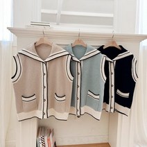 여자 배색 귀여운 빅 카라 파스텔 유니크 니트 조끼