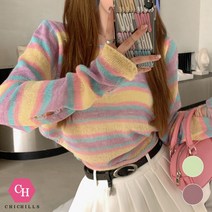 시크힐즈 솜사탕 줄무늬 풀오버 크롭 티셔츠 00127