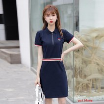 짧은 소매 지퍼 드레스 여성 여름 캐주얼 긴 옷깃 칼라 스커트