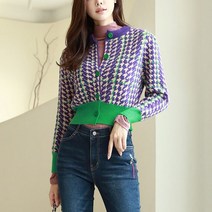 스타일온미 멘셀라 하운드 체크 배색 크롭 미니 가디건