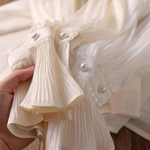 샤랄라 고급진주단추 실켓 프릴 소매 리본타이 블라우스 셔츠