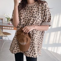 브이와이 여자 홀리데이 슬릿 보온 라운드 호피 티셔츠