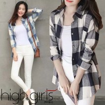 [ 하이걸스 ] 라돈 사각 체크 블라우스 처비캣 여성 네이비 카라 봄 가을 셔츠