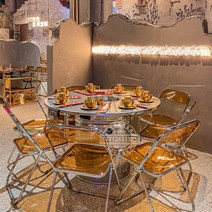 드럼통테이블 깡통 업소용 고기집 불판 식탁 한국식 인덕션 밥솥 통합 스테인레스 스틸 바베큐 테이블 상업용 숯 기름 드럼 식탁 및 의자 무연 냄비, 공식 표준, 아크릴 접이식 의자