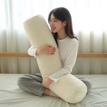 집콕 순면 원형 바디필로우 롱쿠션 안고자는 긴베개, 체크, 베이지