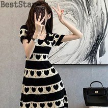 BestStar 여름 잔향 패션 여성 슬림 반팔 하트 니트 원피스