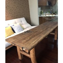 야외 벤치 고재 테이블 원목 상판 우드슬랩식탁, 원형 다리 테이블 약 170x55-60x75