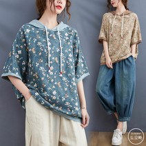 도오빠 여성 반팔 티셔츠 꽃무늬 후드 반팔티 빅사이즈 플라워 면티셔츠 오버핏 여름 여자반팔티 프리사이즈 의류