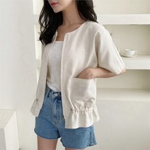 oshu oshu 여성 러블리 밑단 스트링 노카라 주머니 반팔 린넨 자켓 (8948730)
