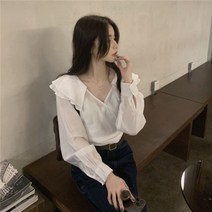 여성 프렌치 볼륨 프릴 레이스 랩 블라우스 봄여름 레트로 셔츠 로맨틱 데이트룩