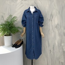 메종 스티치 원 포켓 루즈핏 데님 청 셔츠 원피스