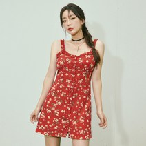 헤링본 빈티지 레드 플라워 미니 원피스 여름 비치원피스 러블리 키치 바캉스룩 비치웨어 HF123