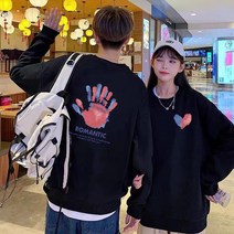 JUST FEEL!NG 커플시밀러룩 루즈핏 곰돌이 베어 자수 레터링 프린팅 라운드넥 캐릭터 폴오버 긴팔 맨투맨 커플티