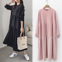 8107 (국내산) 캉캉 셔링 플레어 롱 원피스 여성 봄 가을 프릴 플레어 오버핏 홈웨어 루즈핏