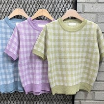 퀸즈 체크니트티)체크패턴니트 반팔니트티셔츠 사각체크무늬 라운드넥 아크릴카사리100원단 5부소매 배색 여름니트티 배색니트