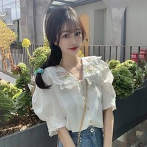 빅 프릴 카라 레이스 플라워 꽃무늬 자수 반팔 블라우스 오버핏 샤랄라 보세 수입 SY