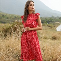 브랜드없음 롱원피스 플라워 프린트 꽃 캐주얼 드레스 긴 폴리에스터 종아리아래