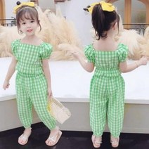 레드호호 여아상하복세트 그린 체크무늬블라우스 냉장고바지 키즈상하복 여름세트복 여행룩