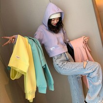 _ 무지 후드 파스텔 큐티 크롭 후드티 면 긴팔 데일리