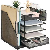 지아노터 5단 종이 편지 트레이 정리함 파일 홀더 포함 서랍 및 펜 홀더 포함 책상 정리함 사무용품용 잡지 홀더 포함 메쉬 데스크탑 보관함 (블랙), Black