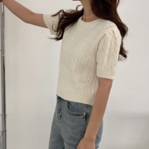 [최저가]여성 파스텔컬러 라운드넥 뒷트임 니트 반팔티 5color