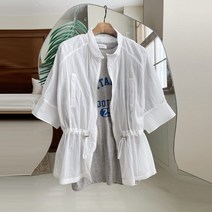 여름 50대 미시 여성 엄마옷 나들이룩 하이넥 허리 스트링 바람막이 야상 반팔 집업 점퍼