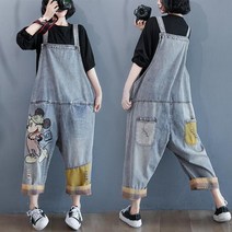 Tagi.여자 미키 데님 일자 멜빵바지 캐주얼 점프수트 팬츠
