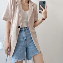 기타브랜드 네쥬 여성 여름 스트랩 포켓 데일리 싱글 반팔 린넨 자켓