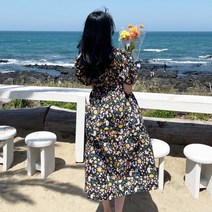 뮤트플라워 퍼프소매 롱원피스 비치원피스 비치웨어