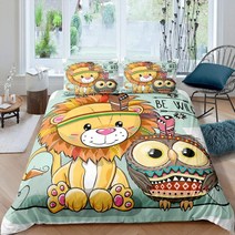 이불 커버 어린이를위한 보헤미안 사자 소년 소녀 올빼미 깃털 커버 boho 부족 이국적인 침대보 장식 지퍼 클로저가있는 민족 민속 동물 침구 세트