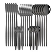 30pcs 골드 식기 세트 스테인레스 스틸 스테이크 나이프 포크 커피 스푼 티스푼 Flatware 세척기 안전 주방, Black