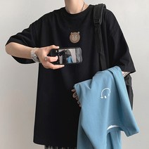 한국식 심플한 스마일리 반팔 티셔츠 남성용 루즈한 캐주얼 탑