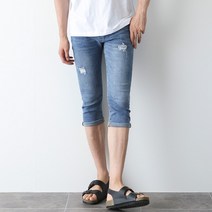 제제 남성용 히든밴딩 데미지 롤업 7부 청바지