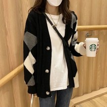 위위브렌 여성브 베이직 아가일 니트 카디건