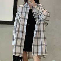 고래백화점 루즈핏 롱체크 셔츠 군살 커버 언발길이 옆트임 데일리 여성 반팔 린넨 여자 여름 크롭