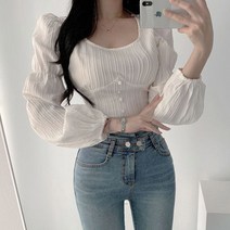 쪼꼬마미 벨라 스모크 스퀘어넥 쉬폰 벌룬 여성 여자 크롭 블라우스