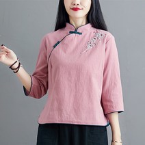 에스닉셔츠 무드 중국전통의상 여성 초 가을 와이드 루즈핏 클래식 자수 스탠딩카라 앞자락 부처님 린넨 재료 2622293259