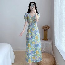 봄원피스 소매 퍼프 그린 롱 원피스 봄나들이 꽃무늬