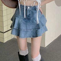 [랜덤플레이]데님 프릴캉캉 A라인 귀여운 여친룩 미니 스커트