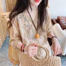 여성 5부 상의 여름 루즈핏 V넥 a라인 자수 블라우스