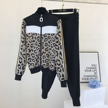 여성 바지정장세트 우영우정장 키작은 빅사이즈 정장바지 여성 레오파드 니트 지퍼 카디건 탑스 + 바지 정장 세트 긴 소매 자켓 코트 여성 바지