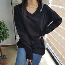 상상그이상 여성용 국내제작 프리 브이넥 긴팔 티셔츠 탄탄한 면100소재 루즈핏 레터링 티셔츠