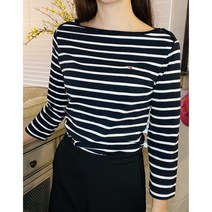 타미힐피커 여성 보트넥 스트라이프 미니 플래그 자수 7부 티셔츠