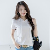 제이유미 여성 베이직 반팔 후드티 100%면 데일리 부드러운 편안한 티셔츠 K6736
