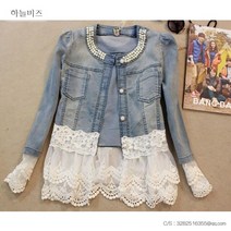 a 청 우아한 꽃 레이스 데님 재킷 코트 여성 캐주얼 숏 기본 재킷 구슬 패치 워크 슬림 진 재킷 플러스 크A240207