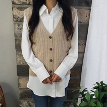상상그이상 여성용 꽈배기 브이넥 조끼 + 블라우스 세트