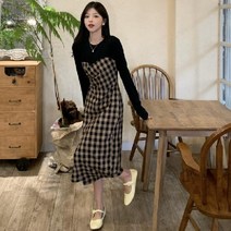 루스 긴팔 봄 가을 허리 슬림 스티치 투피스형 원피스 A라인 스커트