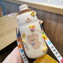 Kawaii 점보 보온병 병 짚으로 플라스크 귀여운 스티커 스테인레스 텀블러 워터 컵 학교 대형 절연, [01] 1000-1100ml, [04] With Rope 3D Sticker